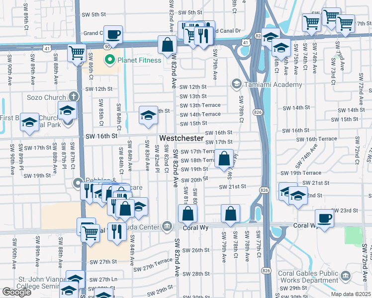 map of restaurants, bars, coffee shops, grocery stores, and more near 8020 Southwest 17th Terrace in Miami