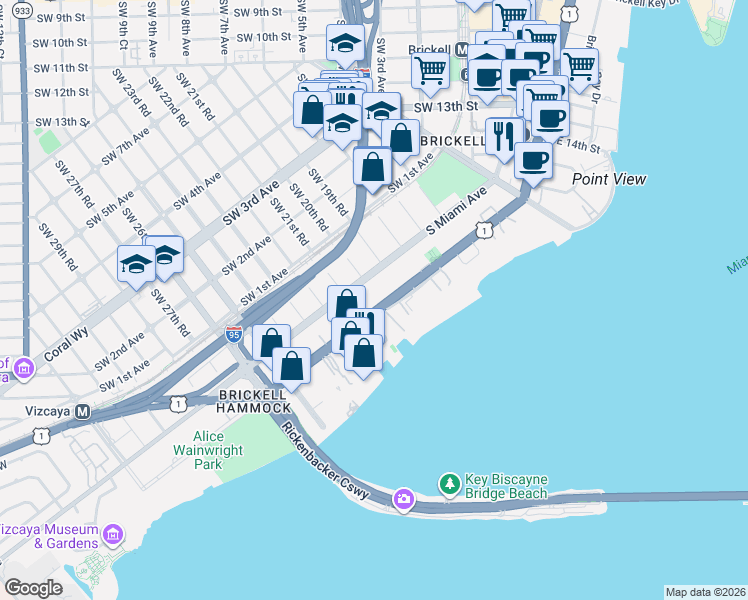 map of restaurants, bars, coffee shops, grocery stores, and more near 1990 Brickell Avenue in Miami
