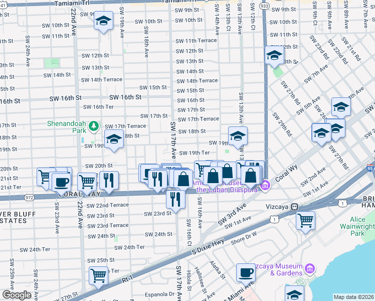 map of restaurants, bars, coffee shops, grocery stores, and more near 1640 Southwest 19th Terrace in Miami