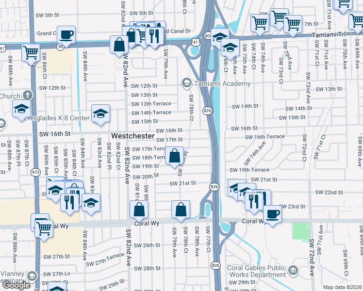 map of restaurants, bars, coffee shops, grocery stores, and more near 7845 Southwest 18th Terrace in Miami