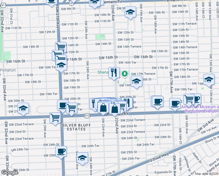map of restaurants, bars, coffee shops, grocery stores, and more near 2200 Southwest 19th Terrace in Miami