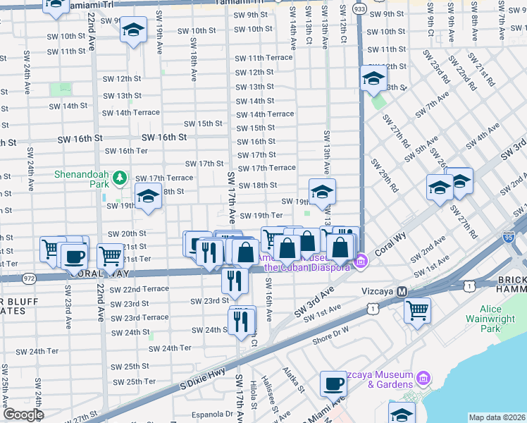 map of restaurants, bars, coffee shops, grocery stores, and more near 1959 Southwest 16th Avenue in Miami