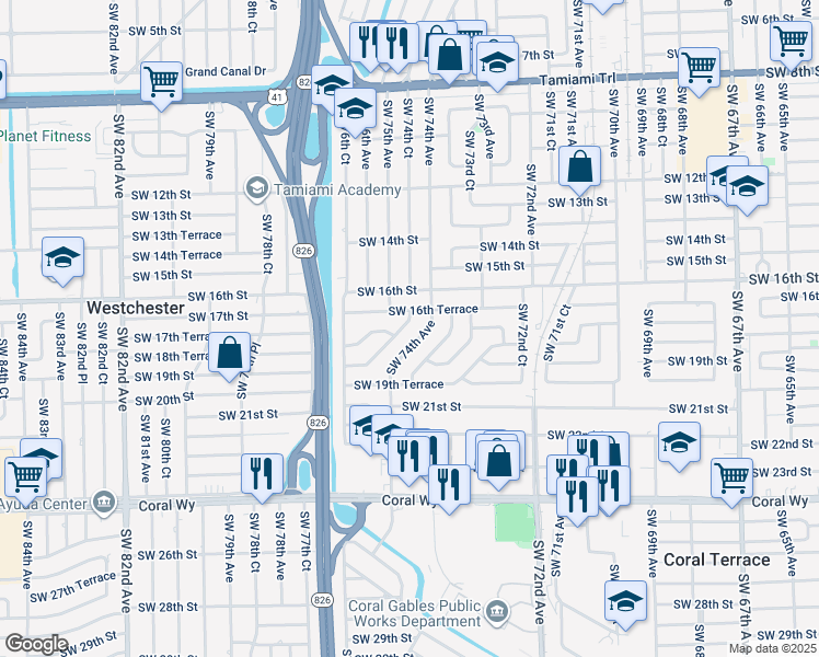 map of restaurants, bars, coffee shops, grocery stores, and more near 1831 Southwest 74th Avenue in Miami
