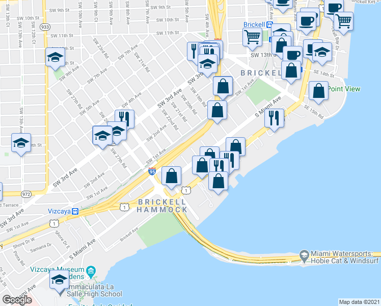 map of restaurants, bars, coffee shops, grocery stores, and more near 2238 South Miami Avenue in Miami
