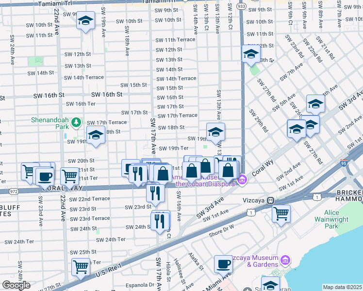 map of restaurants, bars, coffee shops, grocery stores, and more near 1959 Southwest 16th Avenue in Miami