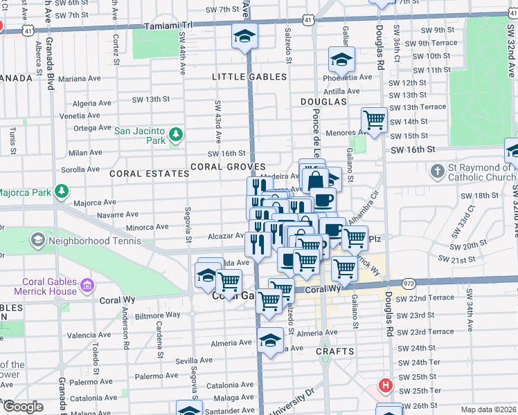 map of restaurants, bars, coffee shops, grocery stores, and more near 354 Minorca Avenue in Coral Gables