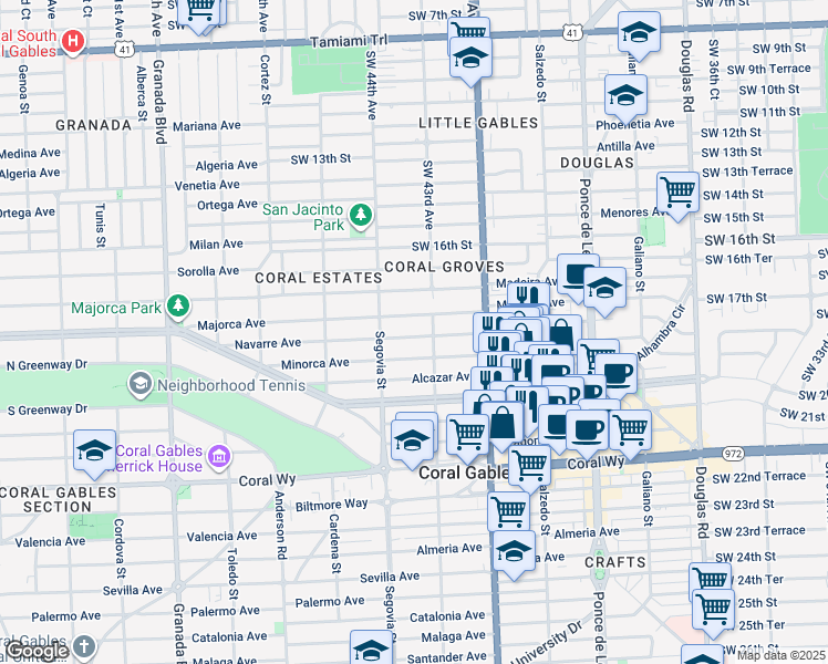 map of restaurants, bars, coffee shops, grocery stores, and more near 501 Minorca Avenue in Coral Gables