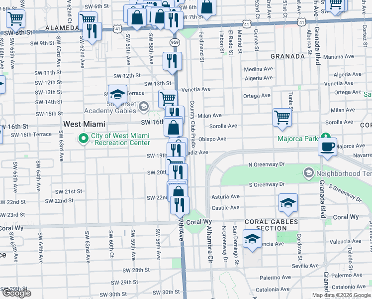 map of restaurants, bars, coffee shops, grocery stores, and more near 1923 Southwest 57th Avenue in Miami