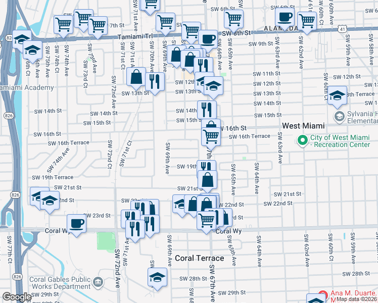 map of restaurants, bars, coffee shops, grocery stores, and more near 6790 Southwest 18th Street in Miami