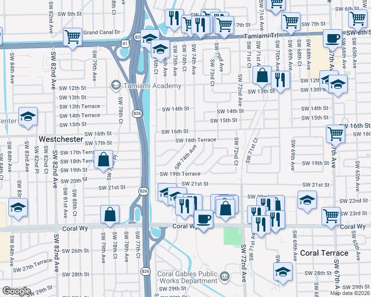 map of restaurants, bars, coffee shops, grocery stores, and more near 1831 Southwest 74th Avenue in Miami
