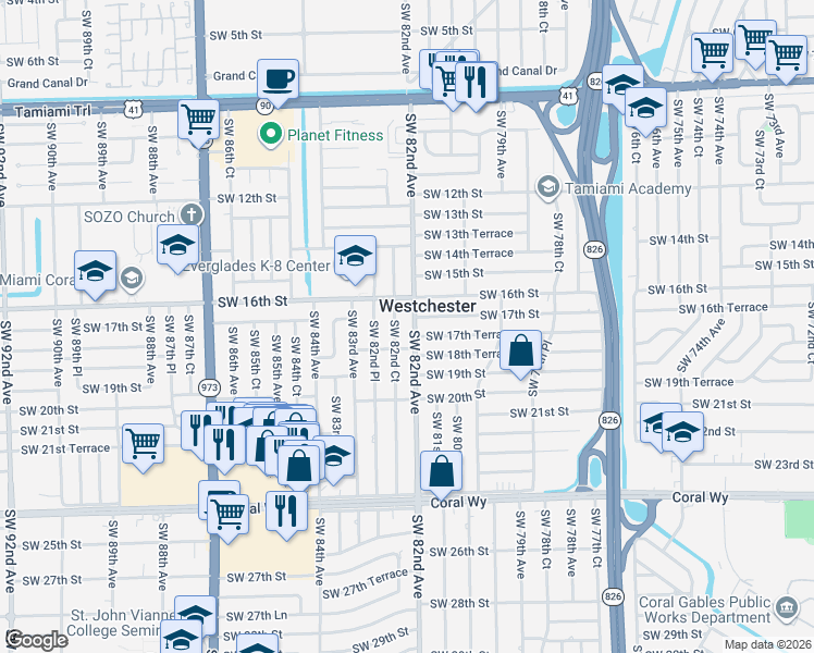 map of restaurants, bars, coffee shops, grocery stores, and more near 1740 Southwest 82nd Avenue in Miami