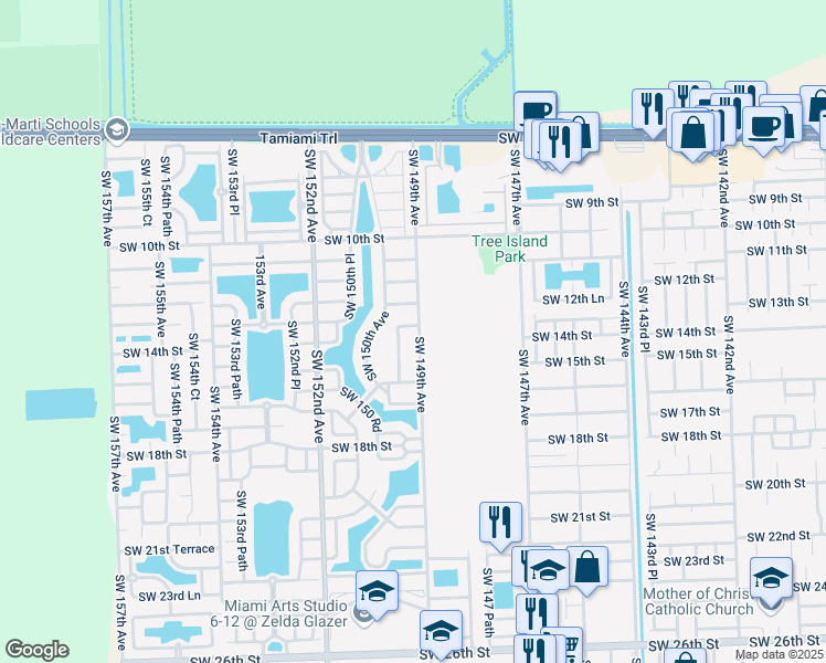 map of restaurants, bars, coffee shops, grocery stores, and more near 1431 Southwest 149th Place in Miami