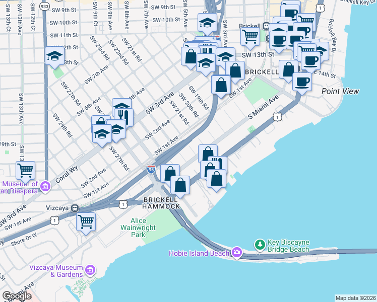 map of restaurants, bars, coffee shops, grocery stores, and more near 2238 South Miami Avenue in Miami