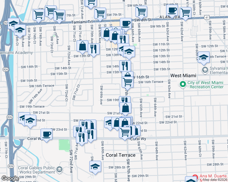 map of restaurants, bars, coffee shops, grocery stores, and more near 6790 Southwest 18th Street in Miami