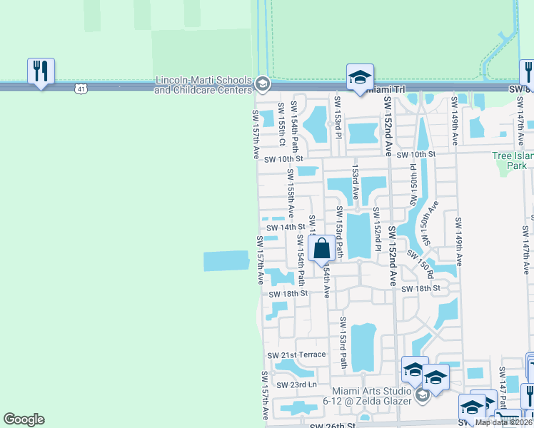 map of restaurants, bars, coffee shops, grocery stores, and more near 15648 Southwest 13th Terrace in Miami