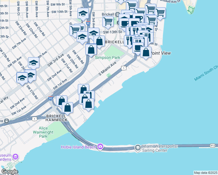 map of restaurants, bars, coffee shops, grocery stores, and more near 1909 Brickell Avenue in Miami