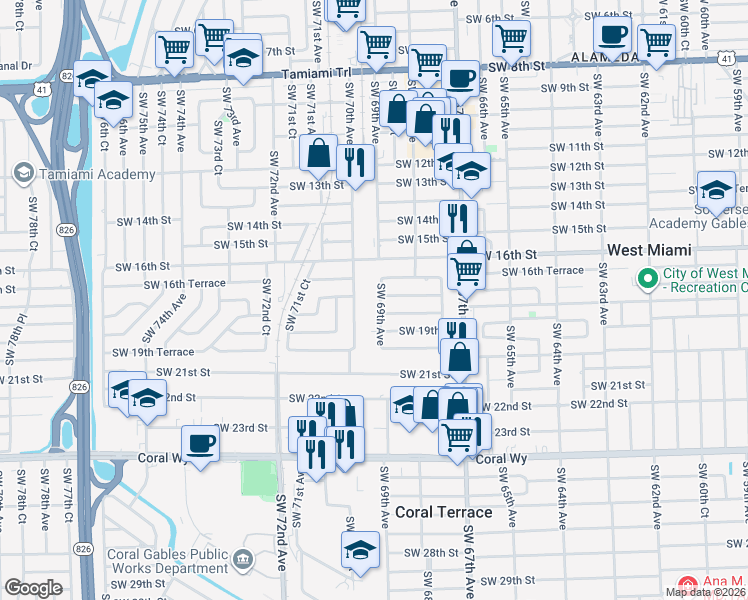 map of restaurants, bars, coffee shops, grocery stores, and more near 6890 Southwest 18th Street in Miami