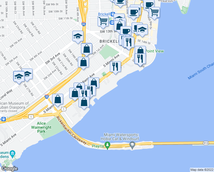 map of restaurants, bars, coffee shops, grocery stores, and more near 1909 Brickell Avenue in Miami