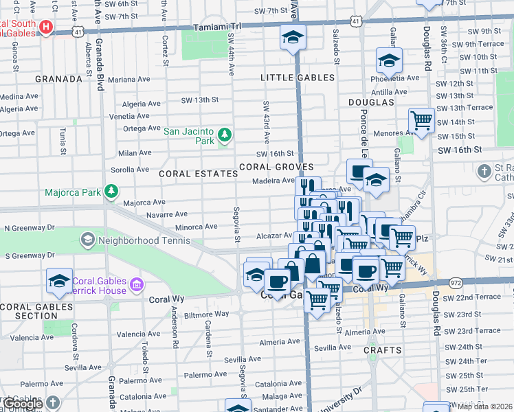 map of restaurants, bars, coffee shops, grocery stores, and more near 501 Minorca Avenue in Coral Gables