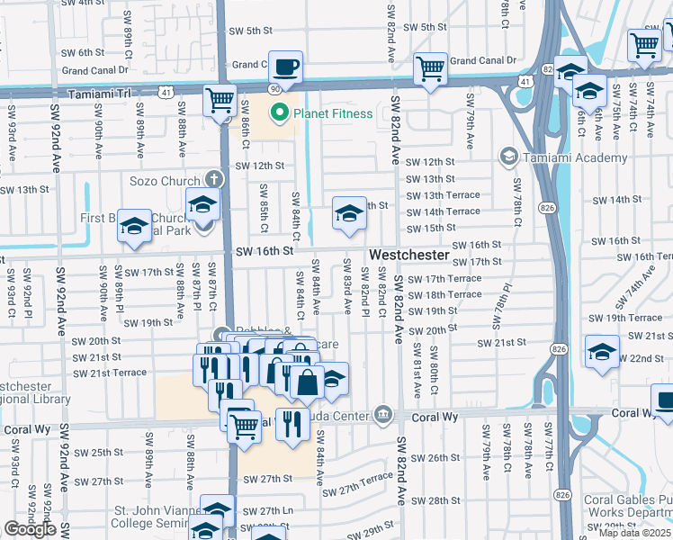 map of restaurants, bars, coffee shops, grocery stores, and more near 1720 Southwest 83rd Court in Miami