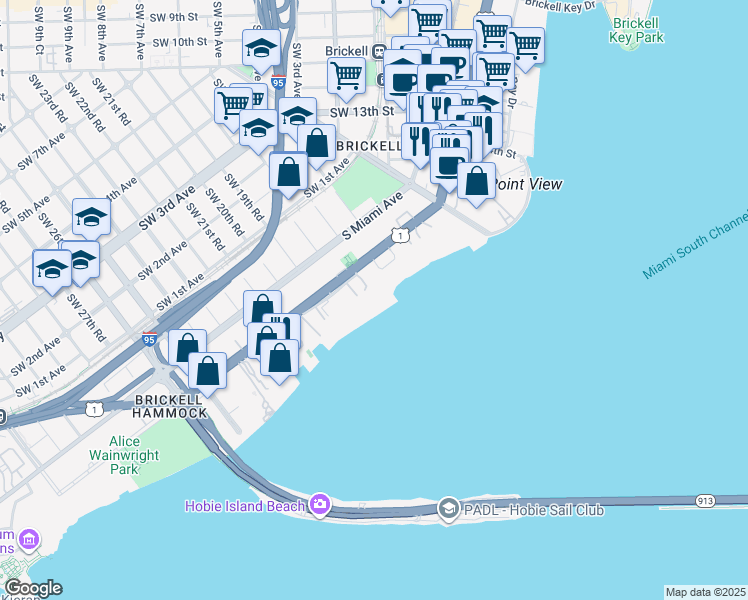 map of restaurants, bars, coffee shops, grocery stores, and more near 1909 Brickell Avenue in Miami