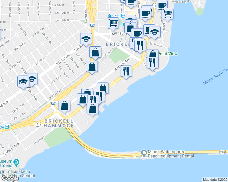 map of restaurants, bars, coffee shops, grocery stores, and more near 1909 Brickell Avenue in Miami
