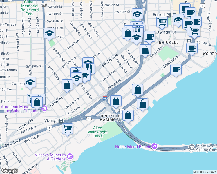 map of restaurants, bars, coffee shops, grocery stores, and more near 101 Southwest 25th Road in Miami