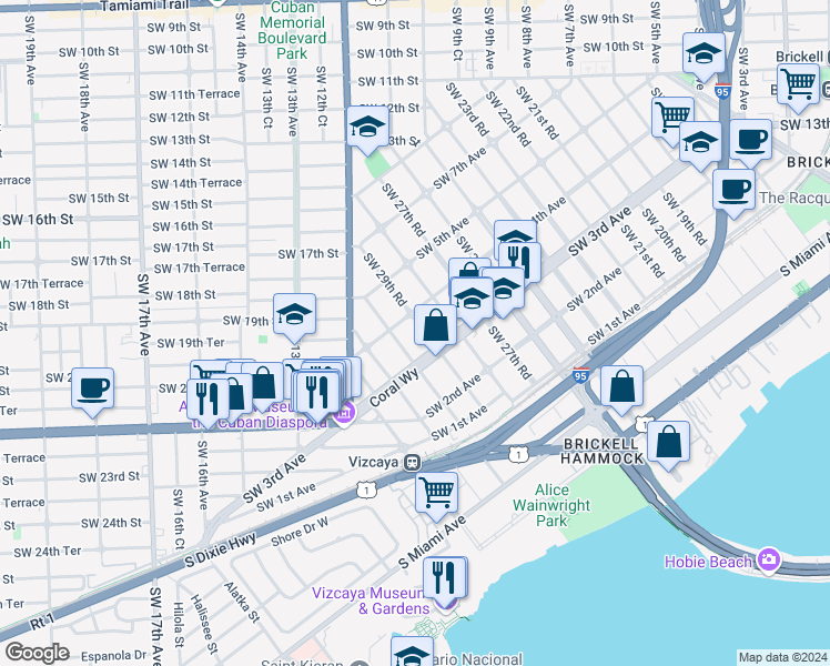 map of restaurants, bars, coffee shops, grocery stores, and more near in Miami