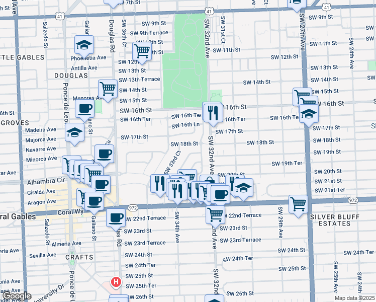 map of restaurants, bars, coffee shops, grocery stores, and more near 1921 Southwest 33rd Avenue in Miami