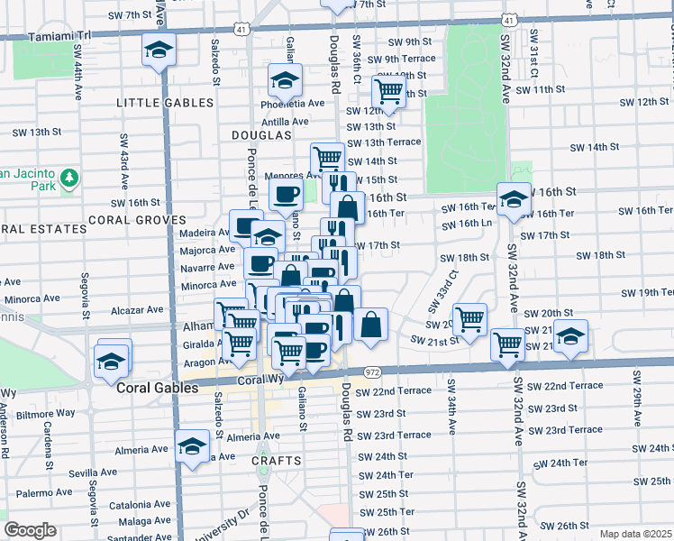 map of restaurants, bars, coffee shops, grocery stores, and more near 1891 Southwest 37th Avenue in Miami