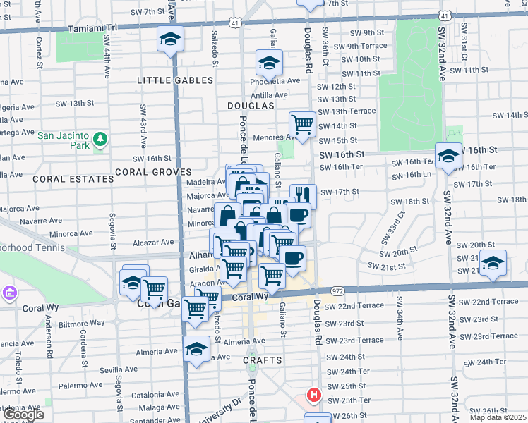 map of restaurants, bars, coffee shops, grocery stores, and more near 130 Minorca Avenue in Coral Gables