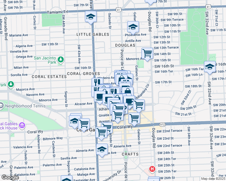 map of restaurants, bars, coffee shops, grocery stores, and more near 254 Minorca Avenue in Coral Gables