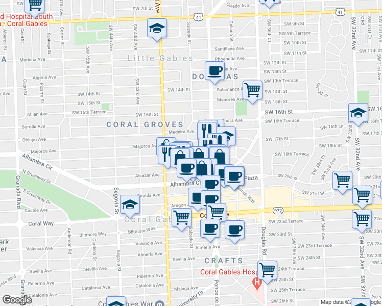 map of restaurants, bars, coffee shops, grocery stores, and more near 254 Minorca Avenue in Coral Gables