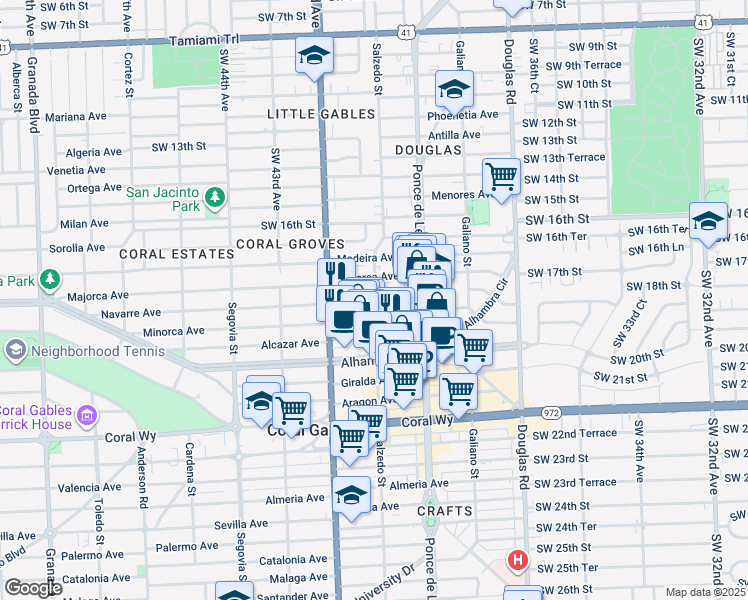 map of restaurants, bars, coffee shops, grocery stores, and more near 254 Minorca Avenue in Coral Gables