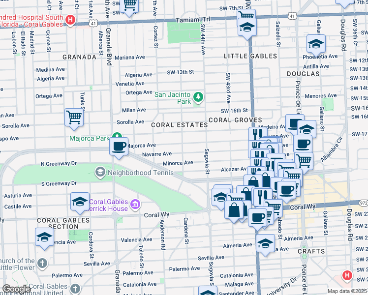 map of restaurants, bars, coffee shops, grocery stores, and more near 724 Majorca Avenue in Coral Gables
