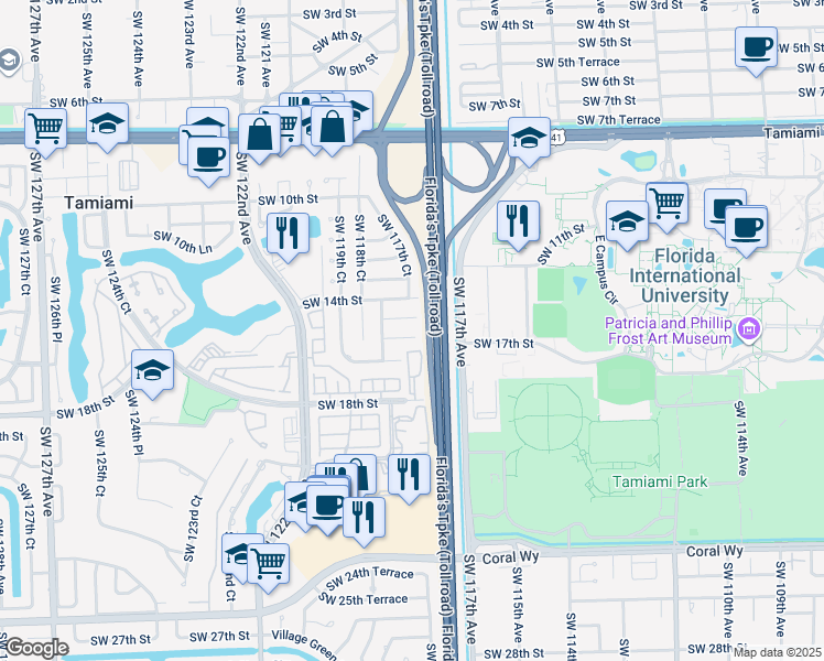map of restaurants, bars, coffee shops, grocery stores, and more near 11770 Southwest 15th Street in Miami