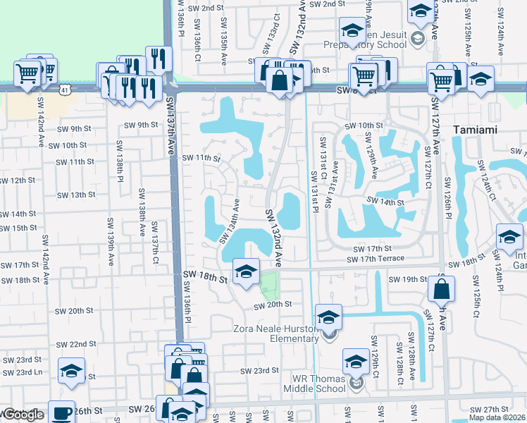 map of restaurants, bars, coffee shops, grocery stores, and more near 13234 Southwest 13th Street in Miami