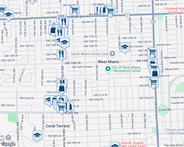 map of restaurants, bars, coffee shops, grocery stores, and more near 1820 Southwest 63rd Avenue in Miami