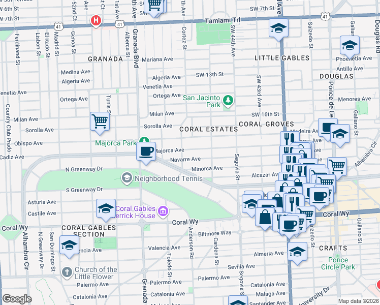map of restaurants, bars, coffee shops, grocery stores, and more near 744 Majorca Avenue in Coral Gables