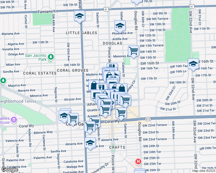 map of restaurants, bars, coffee shops, grocery stores, and more near 200 Minorca Avenue in Coral Gables