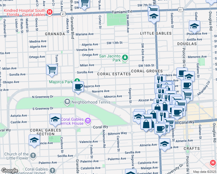 map of restaurants, bars, coffee shops, grocery stores, and more near 724 Majorca Avenue in Coral Gables