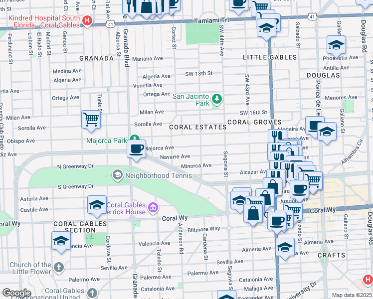 map of restaurants, bars, coffee shops, grocery stores, and more near 744 Madeira Avenue in Coral Gables