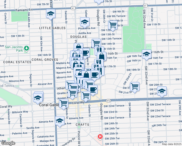 map of restaurants, bars, coffee shops, grocery stores, and more near 28 Majorca Avenue in Coral Gables