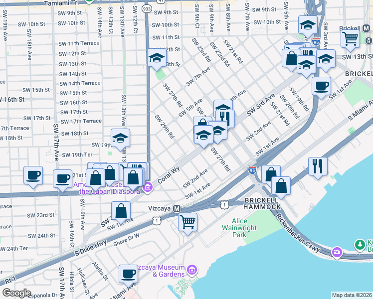 map of restaurants, bars, coffee shops, grocery stores, and more near 350 Southwest 28th Road in Miami