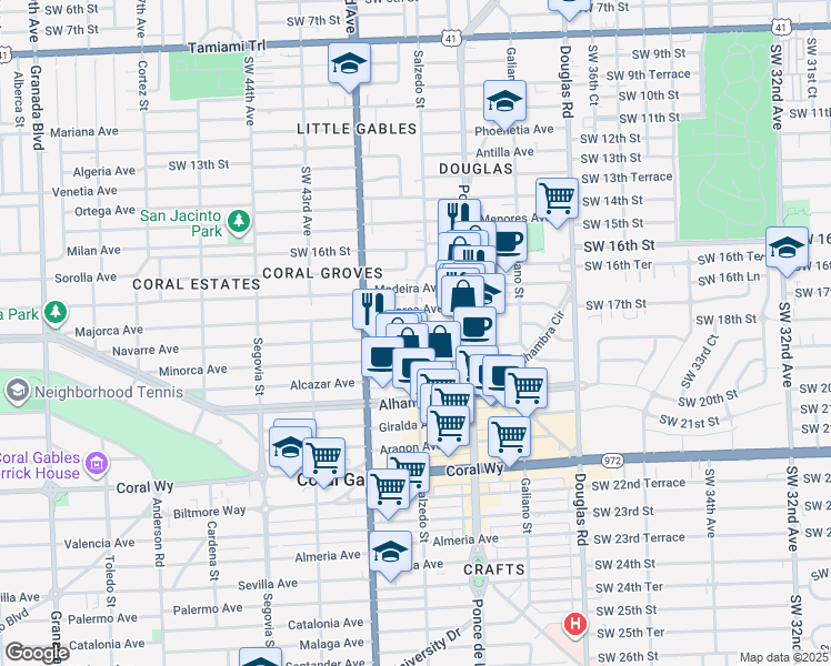 map of restaurants, bars, coffee shops, grocery stores, and more near 2000 Salzedo Street in Coral Gables
