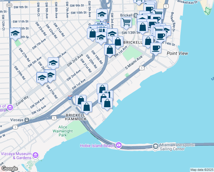 map of restaurants, bars, coffee shops, grocery stores, and more near 2031 South Miami Avenue in Miami