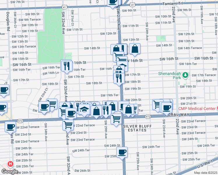 map of restaurants, bars, coffee shops, grocery stores, and more near 2911 Southwest 18th Street in Miami