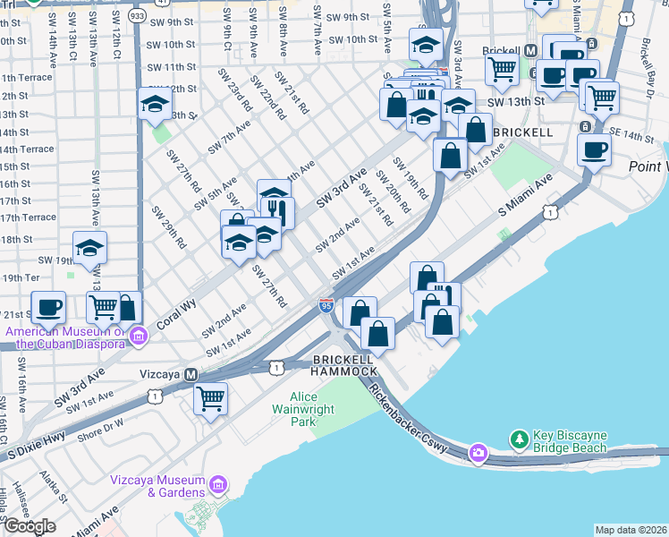 map of restaurants, bars, coffee shops, grocery stores, and more near in Miami