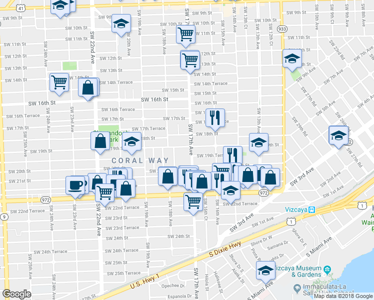 map of restaurants, bars, coffee shops, grocery stores, and more near 1753 Southwest 19th Street in Miami