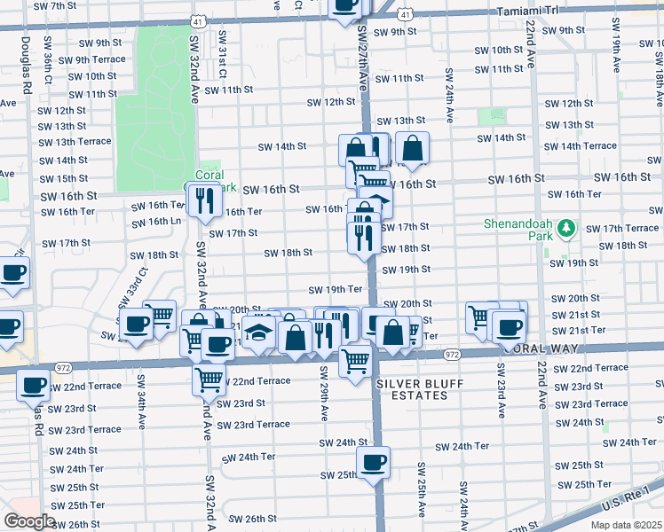 map of restaurants, bars, coffee shops, grocery stores, and more near 2911 Southwest 18th Street in Miami